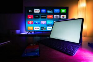 Smart home devices and streaming apps displayed in a modern living room setup.